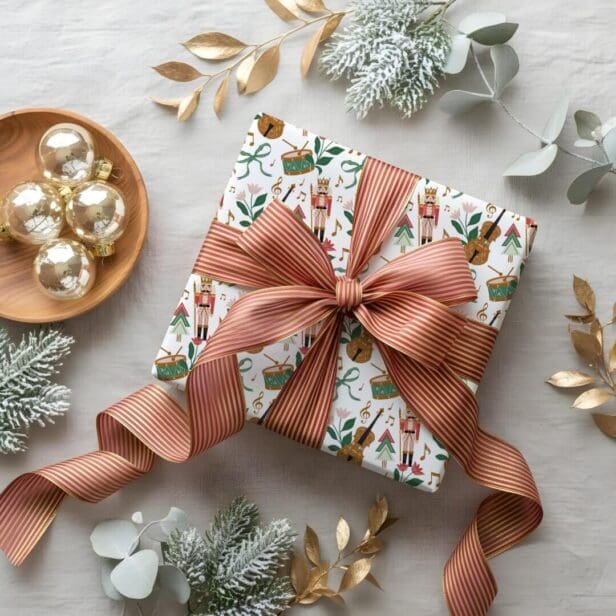 Modern Nutcracker Christmas Bow Ribbon Pattern White Wrapping Paper