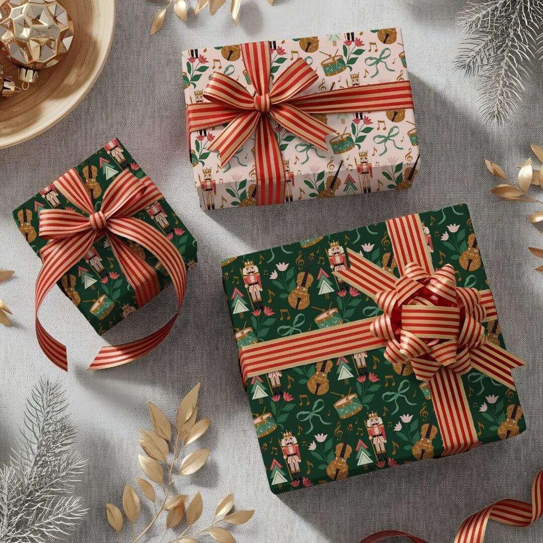 Modern Nutcracker Christmas Bow Ribbon Music Wrapping Paper Sheets