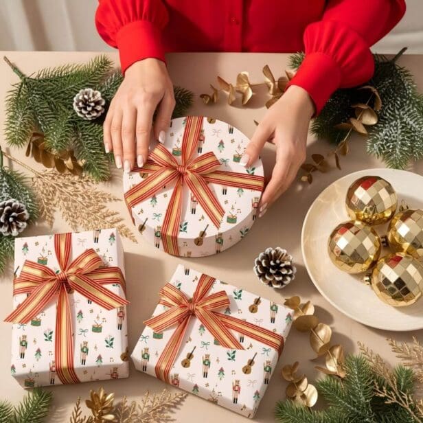 Modern Nutcracker Christmas Bow Ribbon Pattern Wrapping Paper Sheets