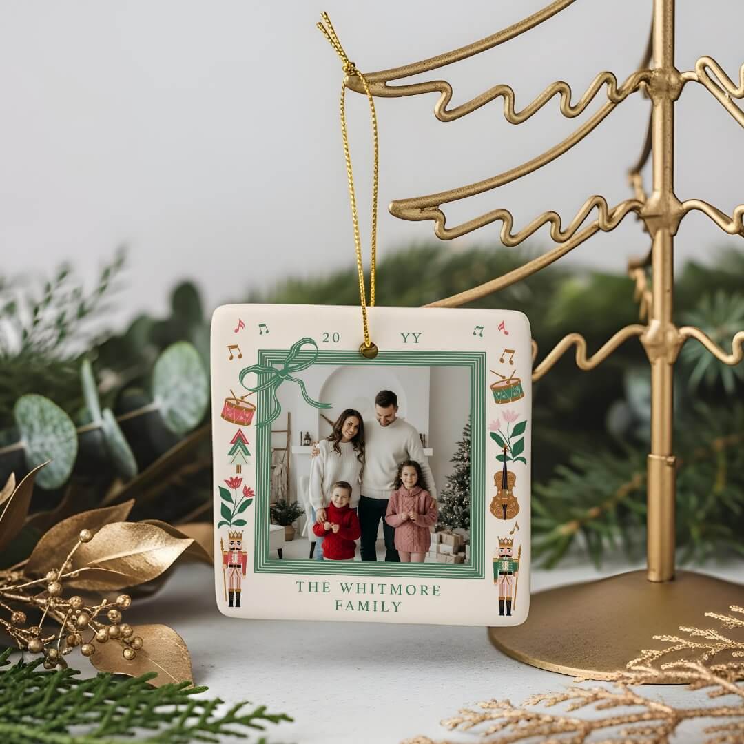 Modern Nutcracker Christmas Bow Ribbon Photo Frame Ceramic Ornament