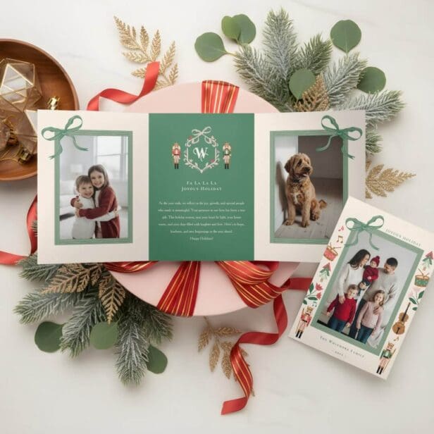 Modern Nutcracker Christmas Bow Ribbon Photo Frame Tri-Fold Holiday Card