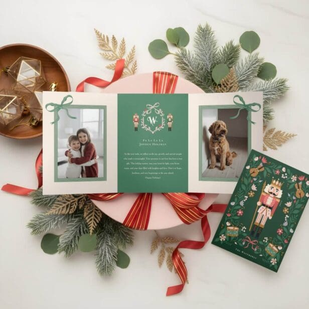 Modern Nutcracker Christmas Bow Ribbon Photo Frame Tri-Fold Holiday Card