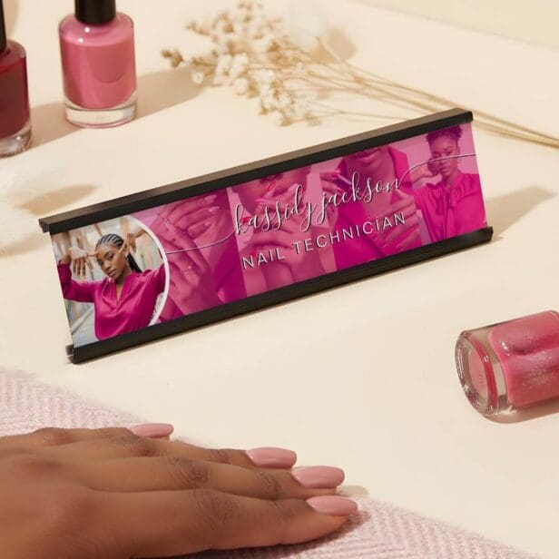 Modern Pink Photo Collage Script Calligraphy Name Desk Name Plate