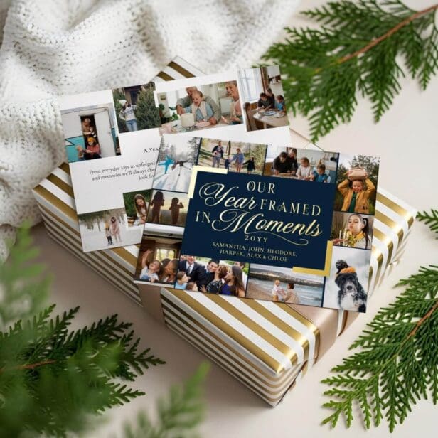 Year Framed in Moments Family Photos Christmas Foil Navy Holiday Card