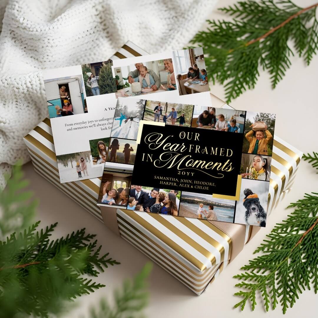 Year Framed in Moments Family Photos Christmas Foil Black Holiday Card
