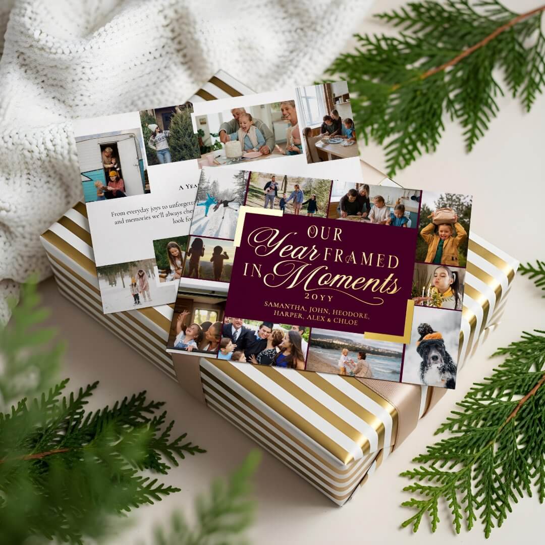 Year Framed in Moments Family Photos Christmas Foil Burgundy Holiday Card