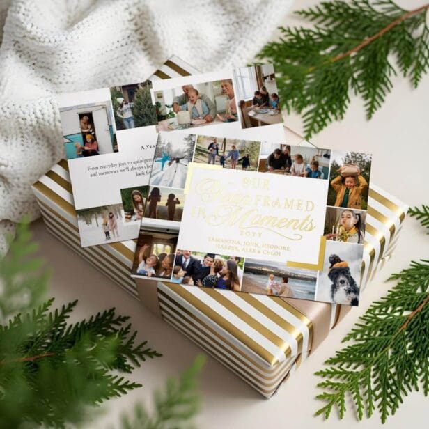 Year Framed in Moments Family Photos Christmas Foil White Holiday Card