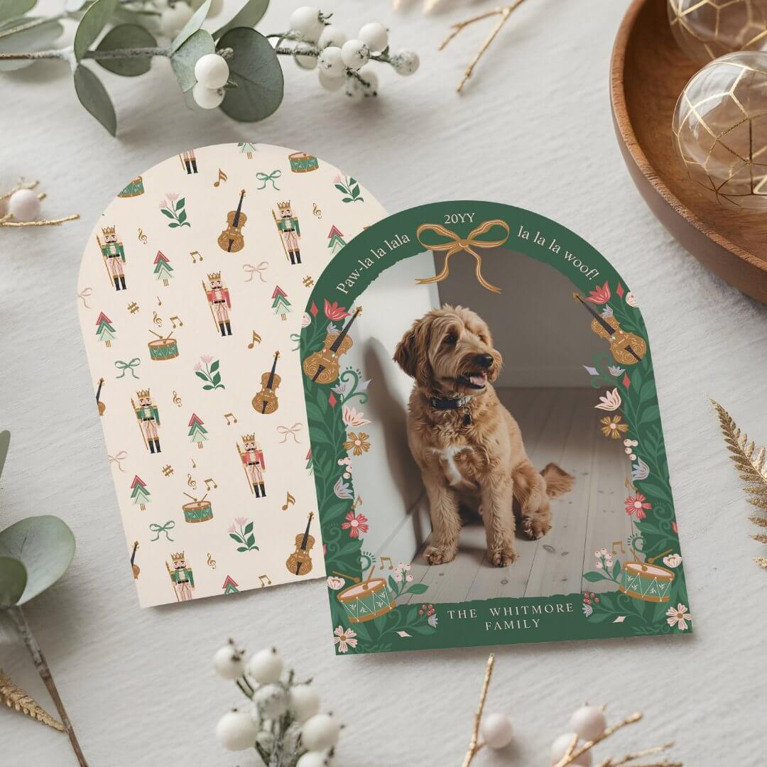 Paw La La Woof Nutcracker Pet Photo Green Christmas Card