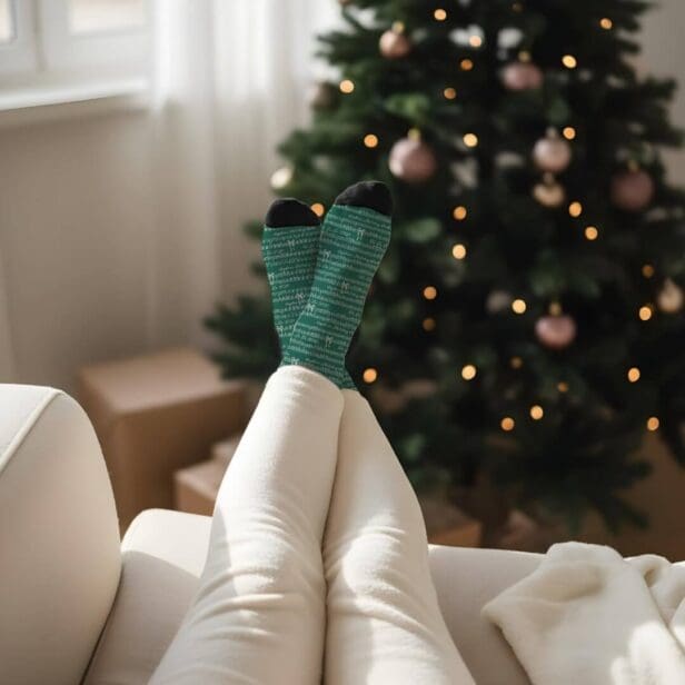 Personalized Vintage Christmas Carol Music Note Green Socks