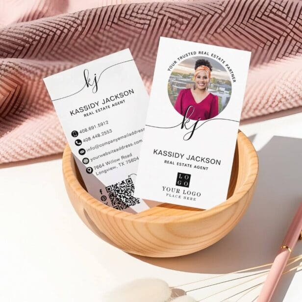 Script Monogram Circle Business Photo Logo QR Code White Business Card