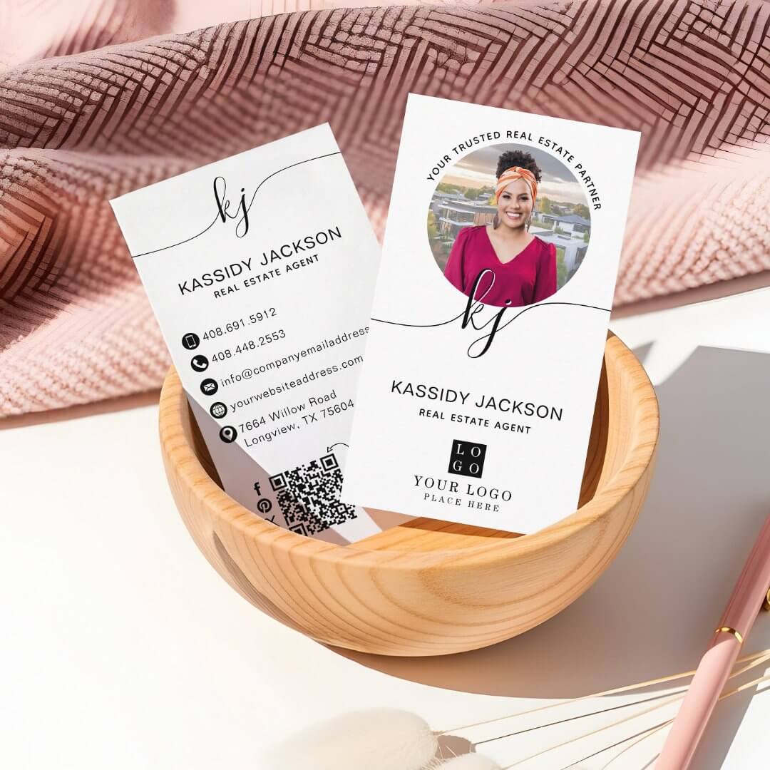 Script Monogram Circle Business Photo Logo QR Code White Business Card