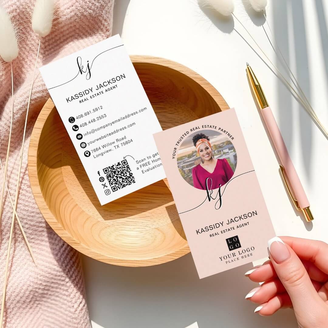 Script Monogram Circle Business Photo Logo QR Code Pink Business Card