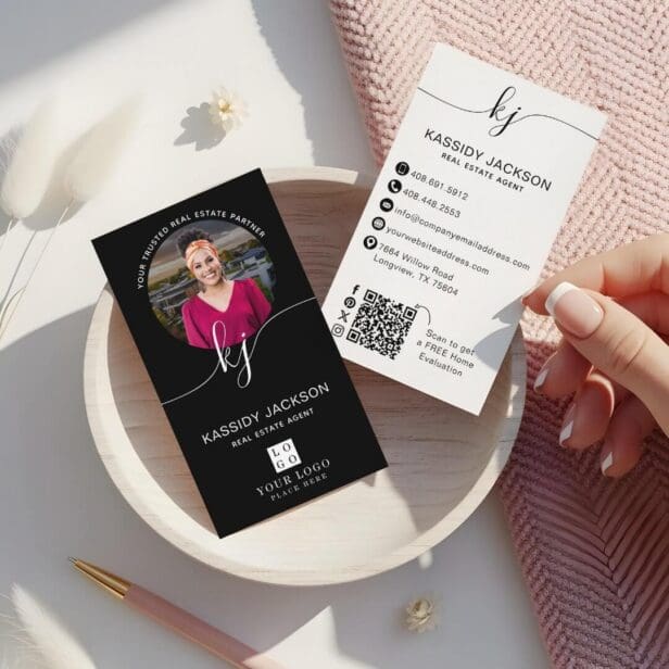 Script Monogram Circle Business Photo Logo QR Code Black Business Card