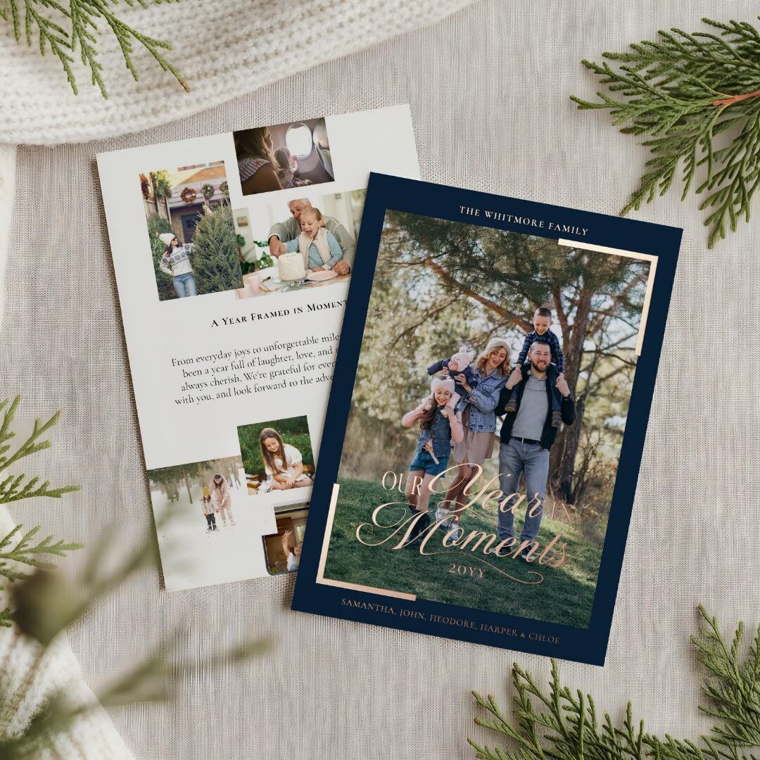Simple Year in Moments Family Photo Christmas Foil Navy Holiday Card