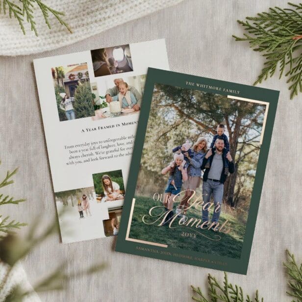 Simple Year in Moments Family Photo Christmas Foil Green Holiday Card