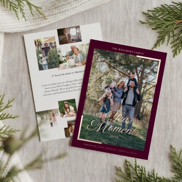 Simple Year in Moments Family Photo Christmas Foil Burgundy Holiday Card