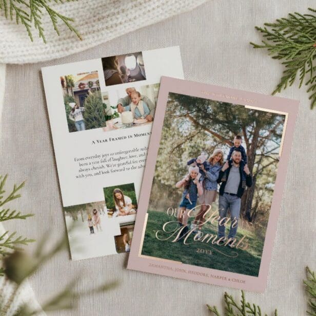 Simple Year in Moments Family Photo Christmas Foil Pink Holiday Card