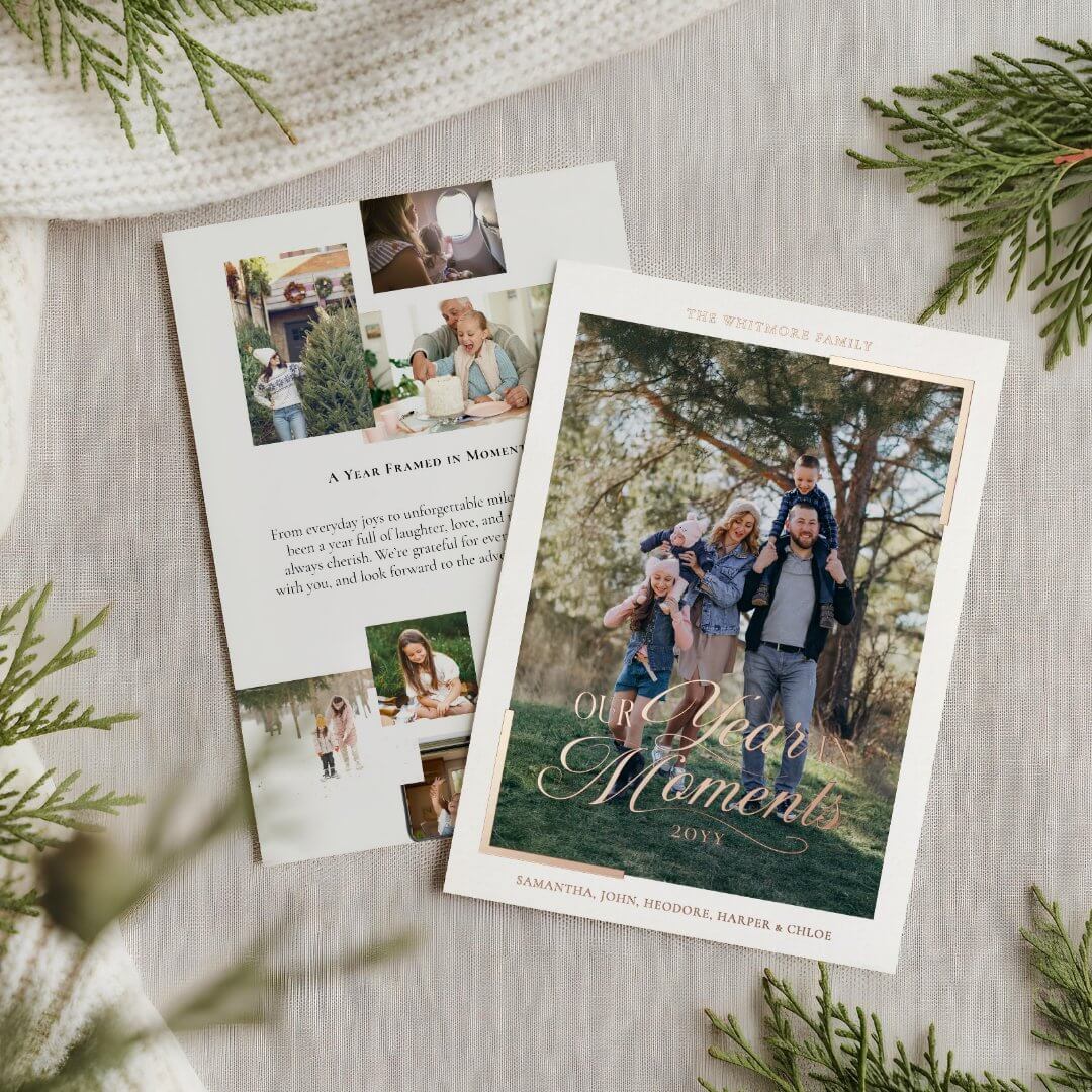 Simple Year in Moments Family Photo Christmas Foil White Holiday Card