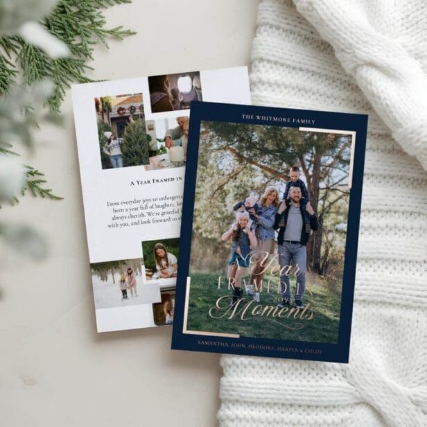 Simple Year in Moments Family Photo Christmas Foil Navy Holiday Card