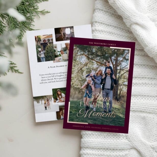 Simple Year in Moments Family Photo Christmas Foil Burgundy Holiday Card