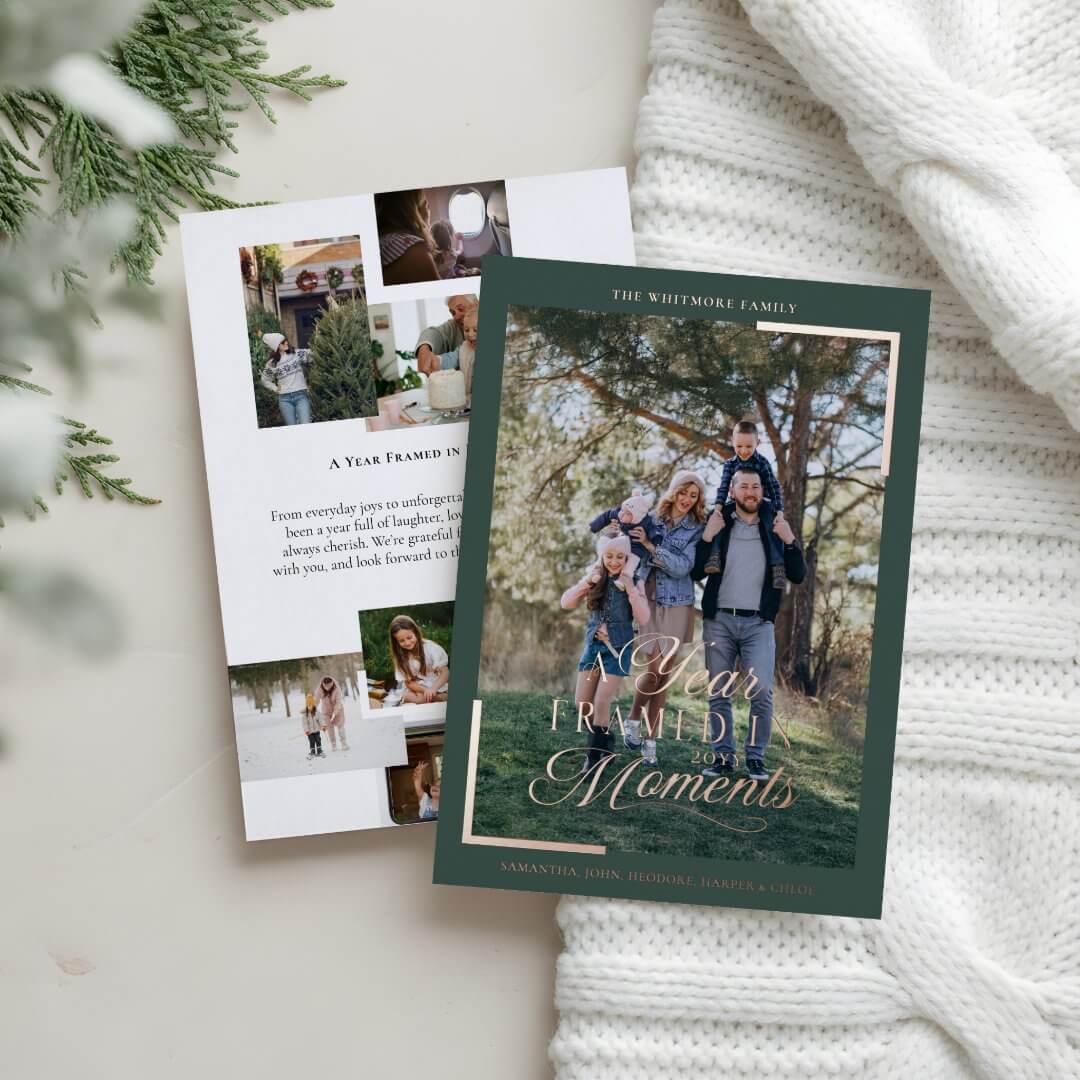 Simple Year in Moments Family Photo Christmas Foil Green Holiday Card