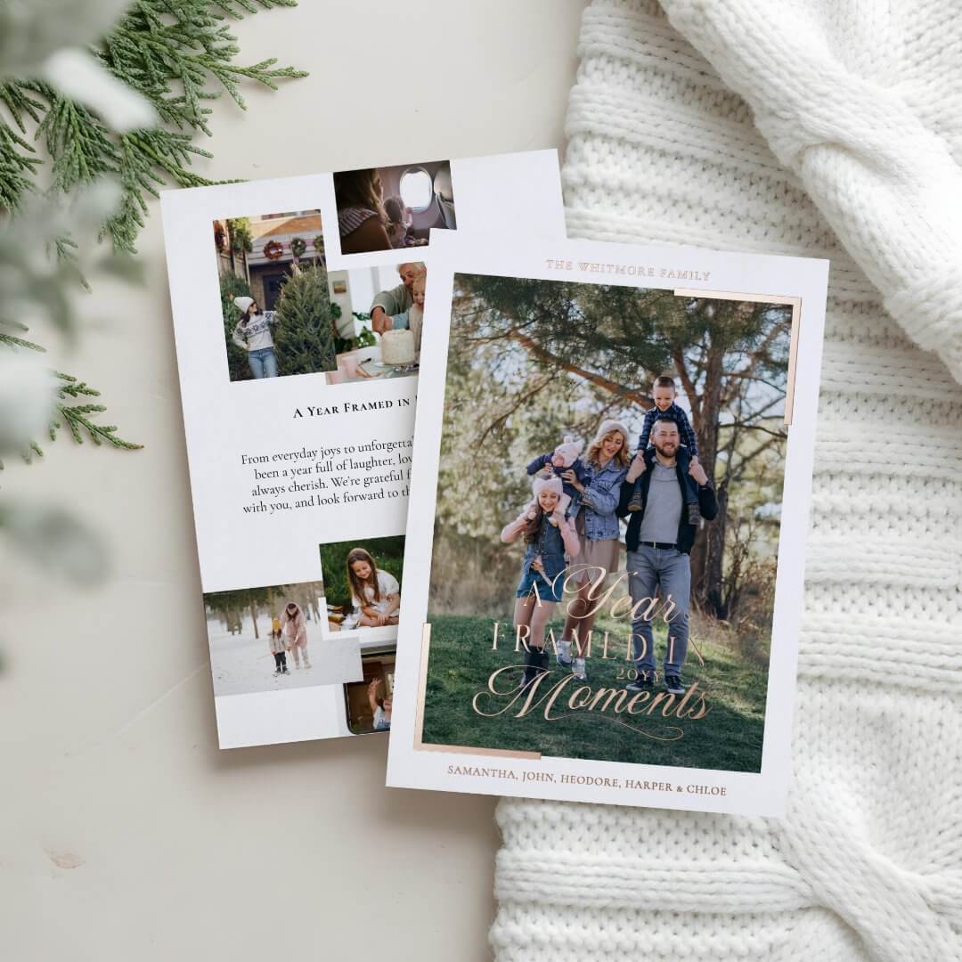 Simple Year in Moments Family Photo Christmas Foil White Holiday Card