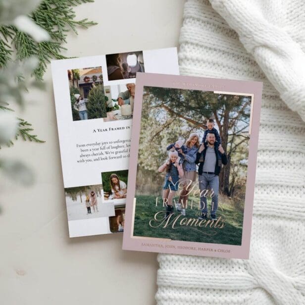 Simple Year in Moments Family Photo Christmas Foil Pink Holiday Card