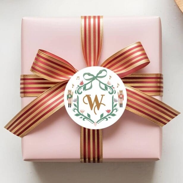 Whimsical Christmas Nutcracker Monogram Crest Bow Classic Round Sticker