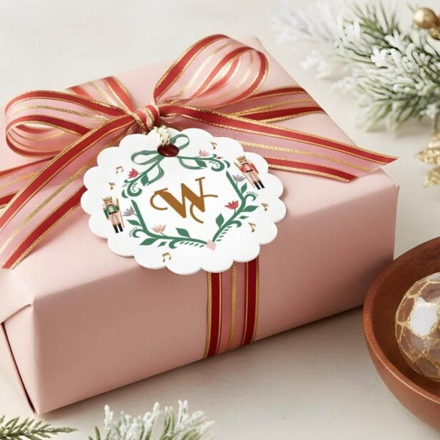 Whimsical Christmas Nutcracker Monogram Crest Bow Favor Tags