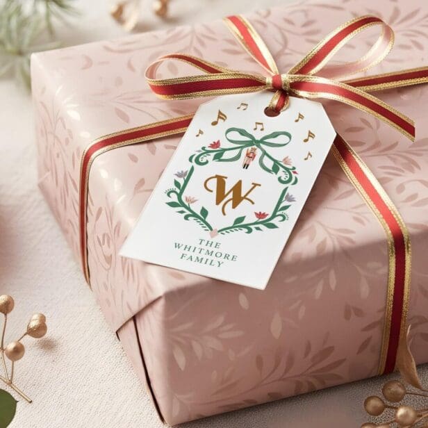Whimsical Christmas Nutcracker Monogram Crest Bow Gift Tags