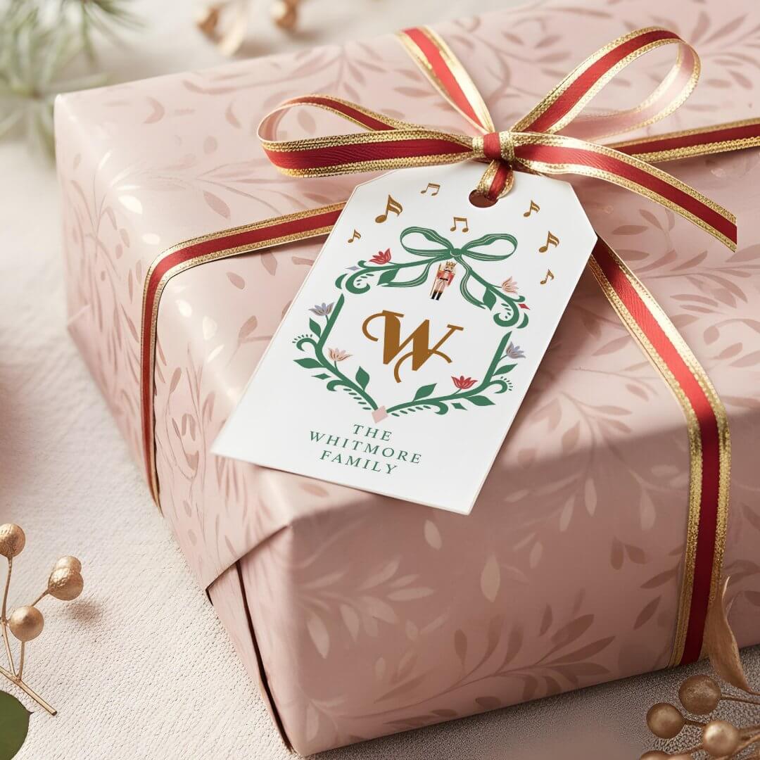 Whimsical Christmas Nutcracker Monogram Crest Bow Gift Tags