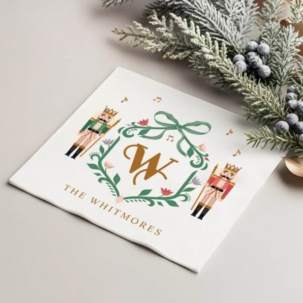 Whimsical Christmas Nutcracker Monogram Crest Bow Napkins