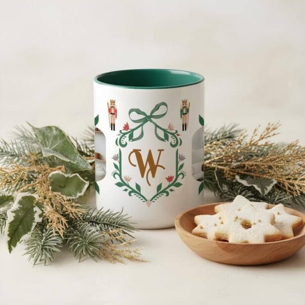 Whimsical Nutcracker Monogram & Photo Green Bow Mug