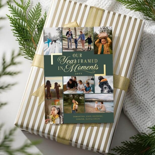 Year Framed in Moments Family Photos Christmas Foil Green Holiday Card