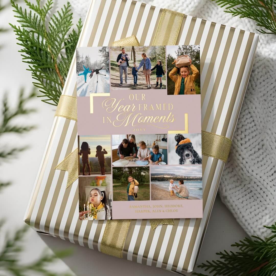 Year Framed in Moments Family Photos Christmas Foil Pink Holiday Card