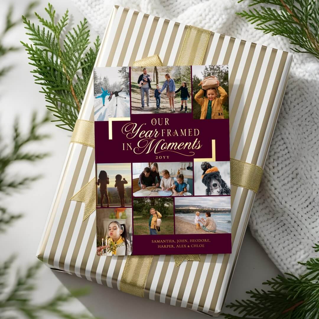Year Framed in Moments Family Photos Christmas Foil Burgundy Holiday Card