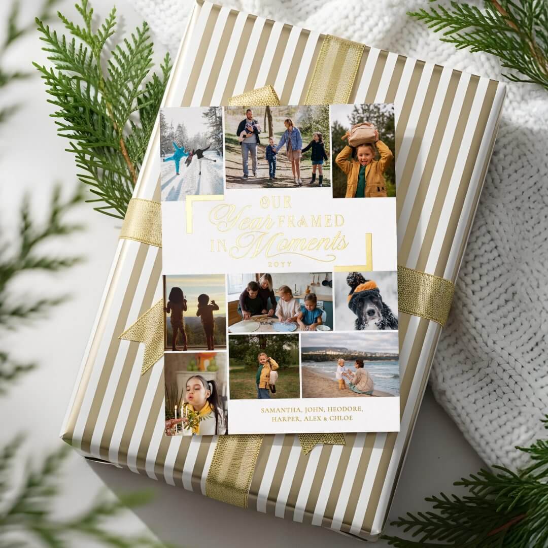 Year Framed in Moments Family Photos Christmas Foil White Holiday Card