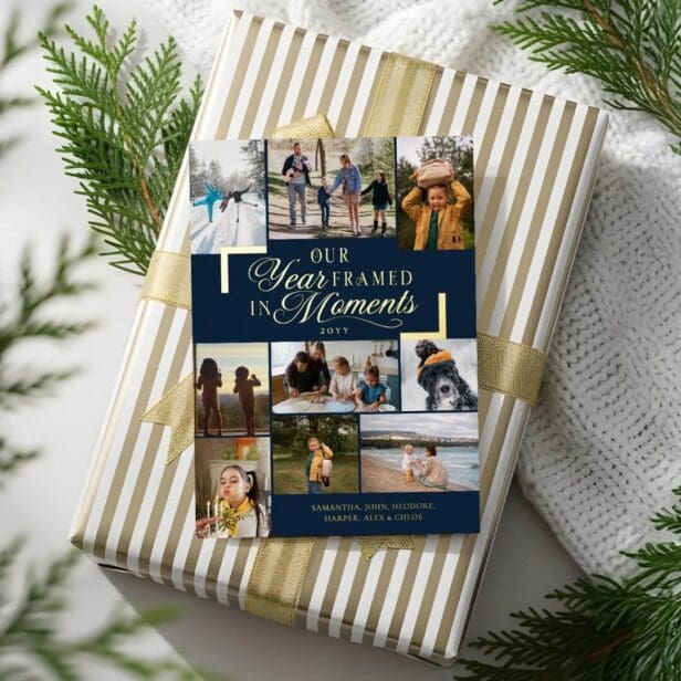 Year Framed in Moments Family Photos Christmas Foil Navy Holiday Card