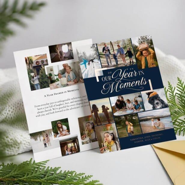 Year in Moments Family Photo Collage Christmas Foil Navy Holiday Card