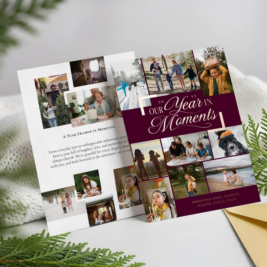Year in Moments Family Photo Collage Christmas Foil Burgundy Holiday Card