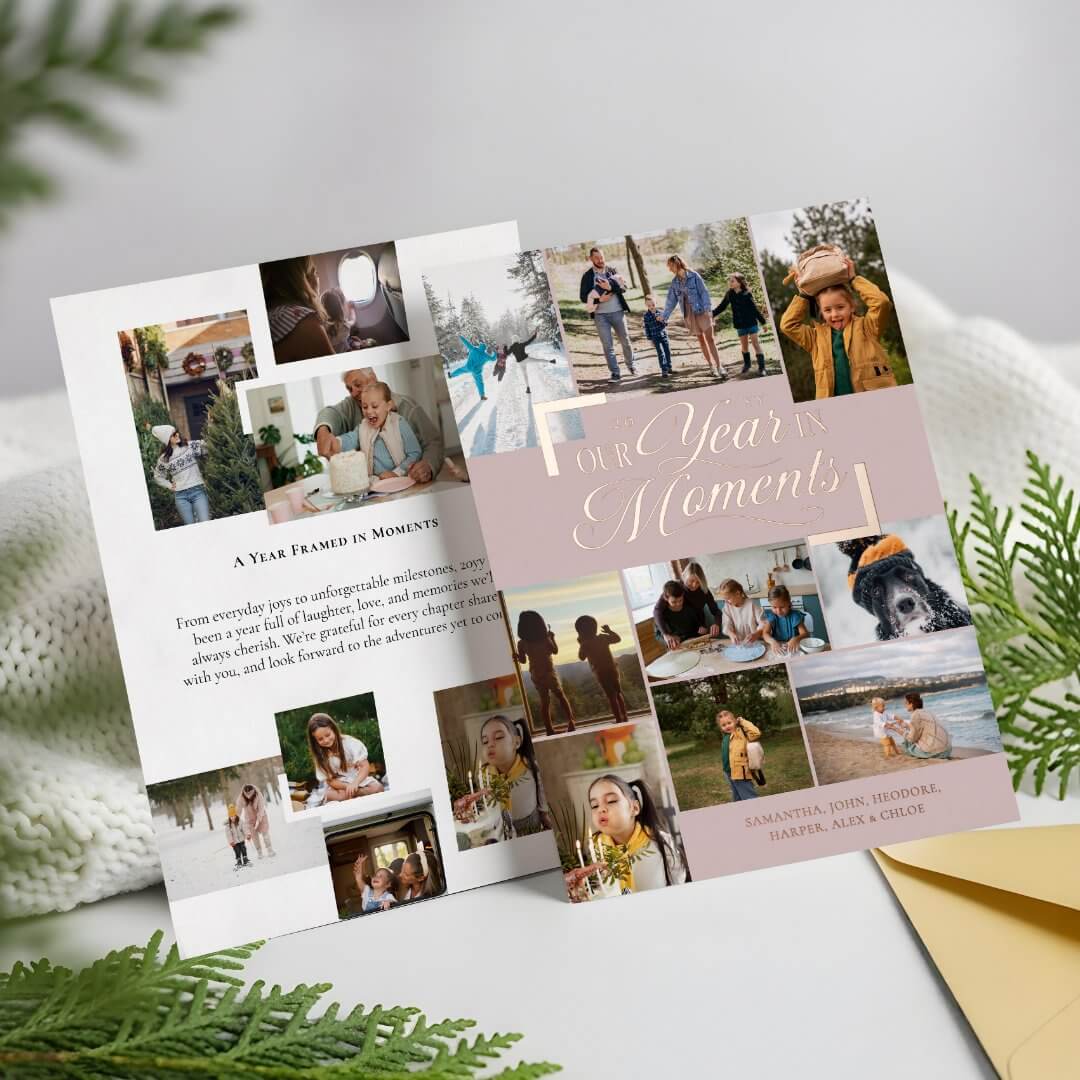 Year in Moments Family Photo Collage Christmas Foil Pink Holiday Card