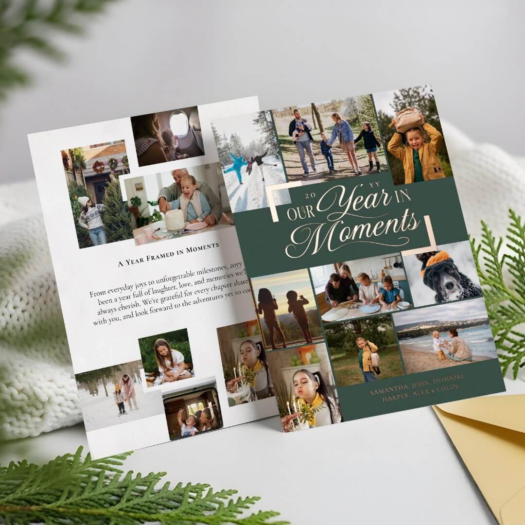Year in Moments Family Photo Collage Christmas Foil Green Holiday Card