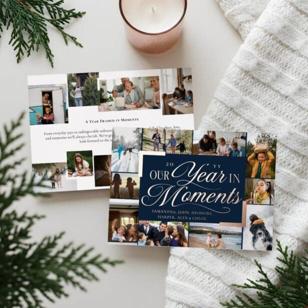 Year in Moments Family Photo Collage Christmas Foil Navy Holiday Card