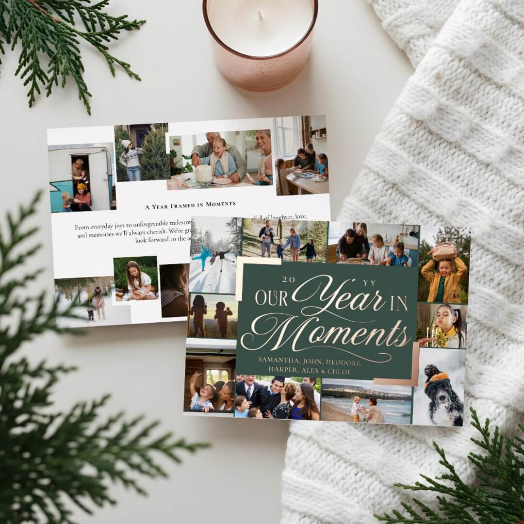 Year in Moments Family Photo Collage Christmas Foil Green Holiday Card