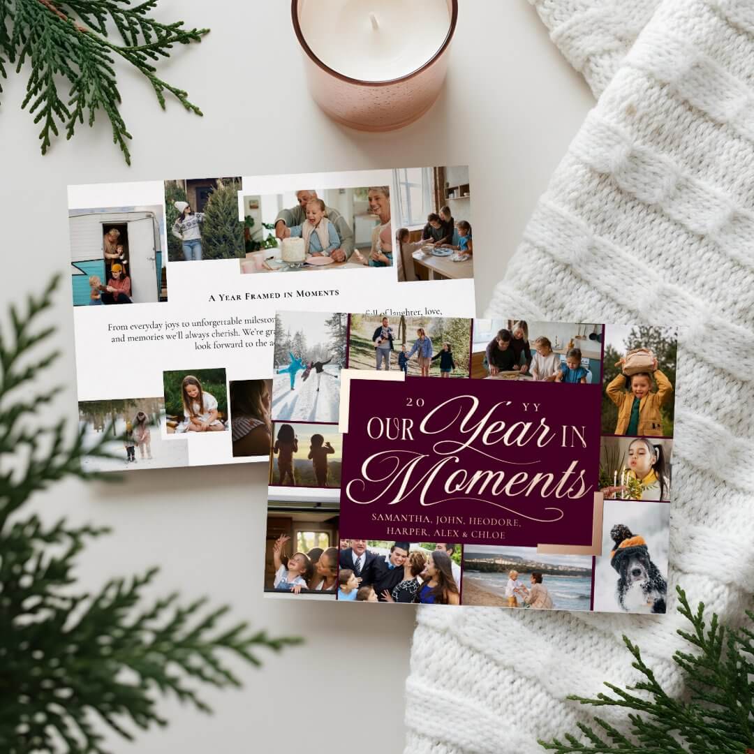Year in Moments Family Photo Collage Christmas Foil Burgundy Holiday Card