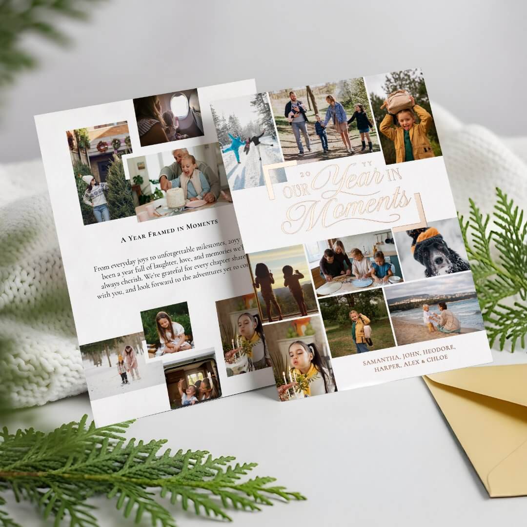Year in Moments Family Photo Collage Christmas Foil White Holiday Card