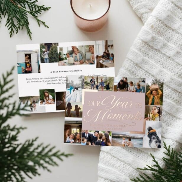 Year in Moments Family Photo Collage Christmas Foil Pink Holiday Card
