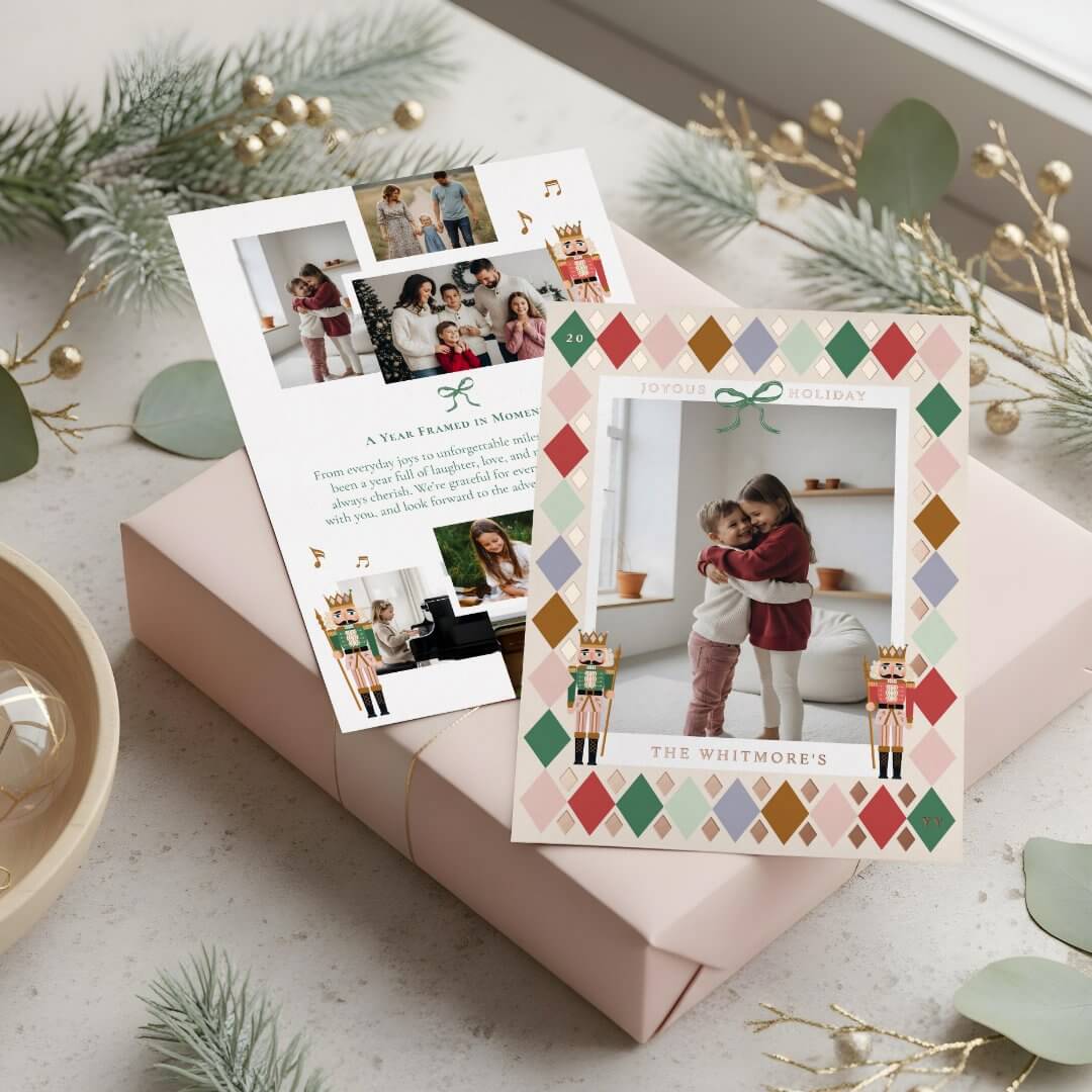 Year in Moments Photo Collage Nutcracker Argyle Foil Holiday Card