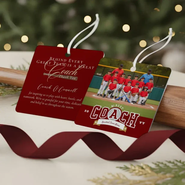 #1 Best Coach Baseball Team Photo Appreciation Red Metal Ornament