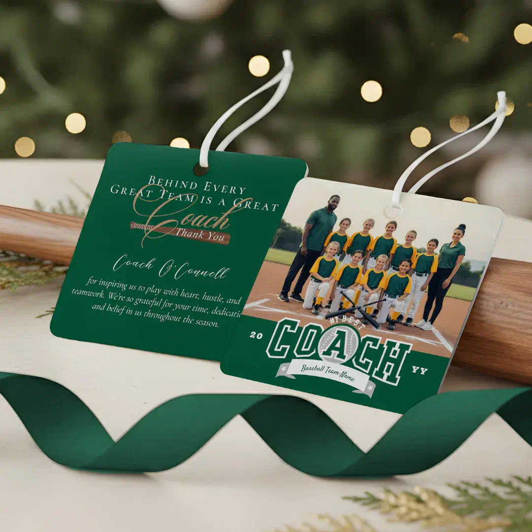 #1 Best Coach Baseball Team Photo Appreciation Green Metal Ornament